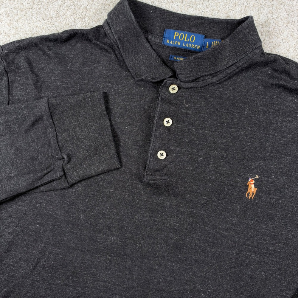 Polo Ralph Lauren Polo Shirt Men Large Gray Long Sleeve Classic Fit Cotton